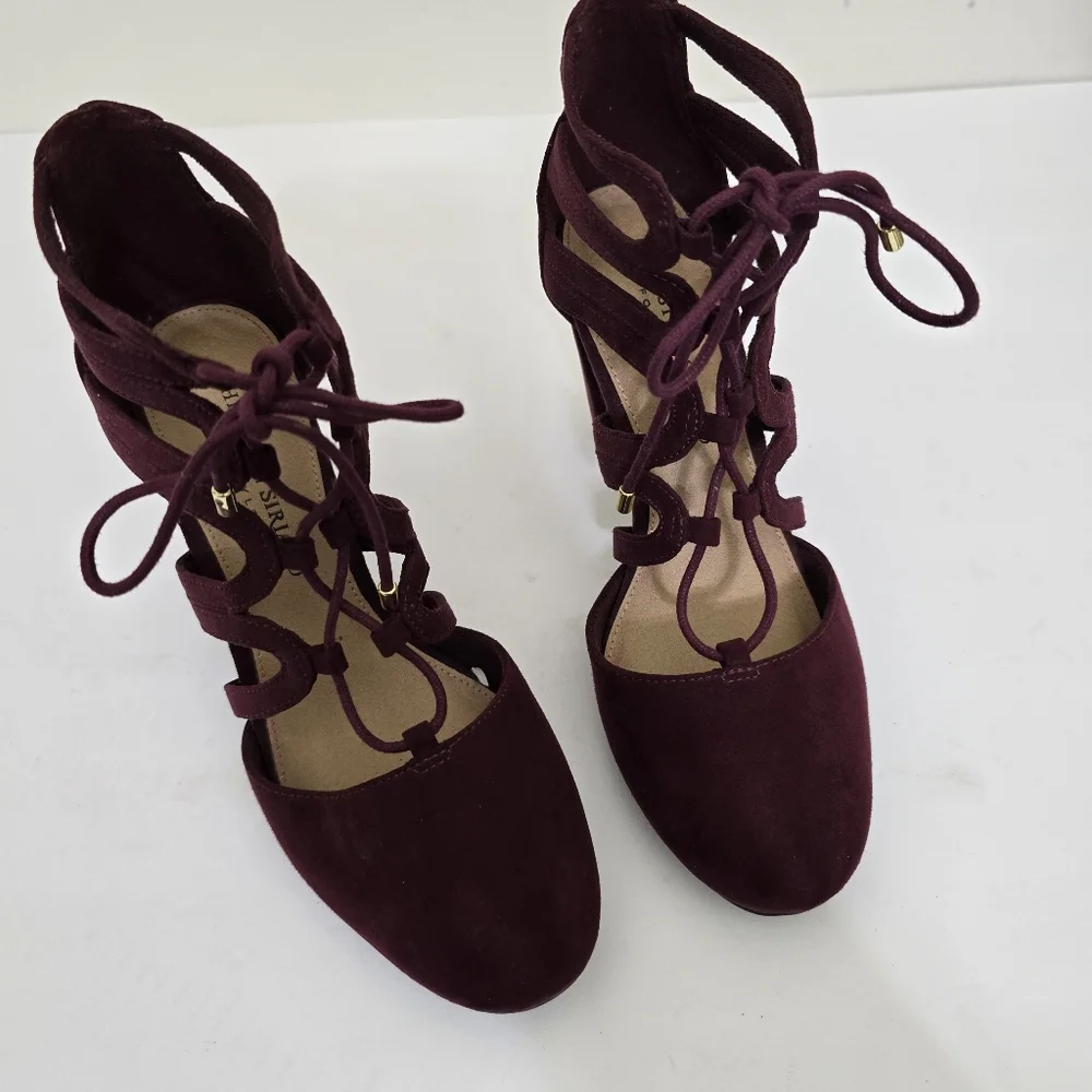 CHRISITIAN SIRIANO size 6.5 Suede Lace Up Strappy Block‎ Heel Shoes Burgundy